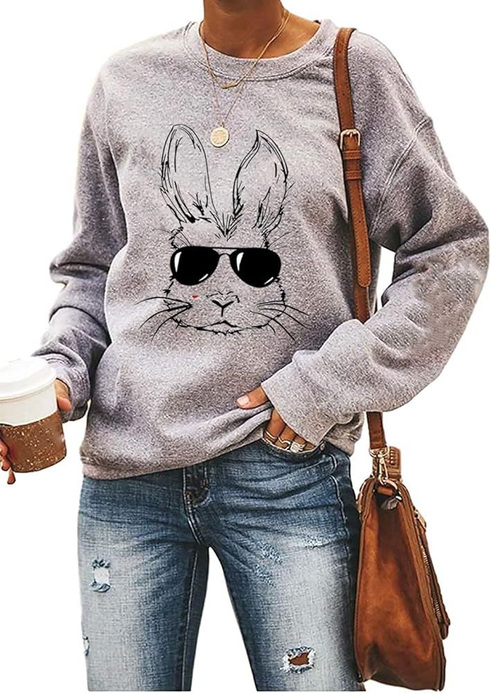 Ykomow Happy Easter Sweatshirt Women Long Sleeve Cute Bunny Rabbit Graphic Tees Pullover | Amazon (US)