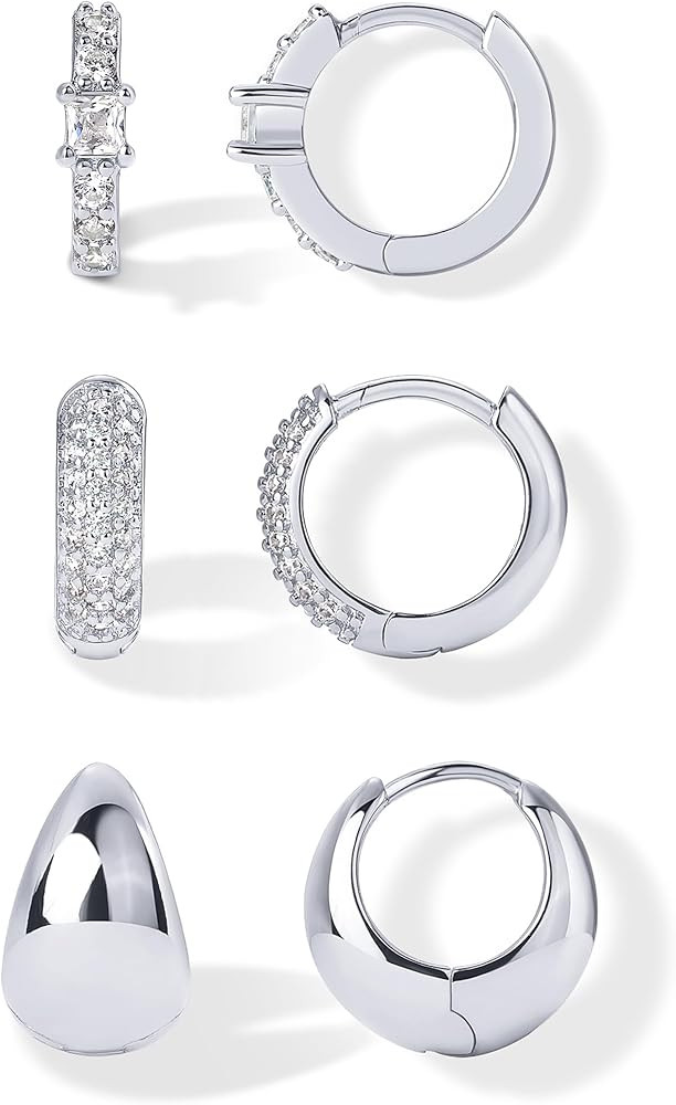 PAVOI 18K Gold Plated 925 Sterling Silver Posts Three Pairs Huggie Hoop Earrings for Women - Trip... | Amazon (US)