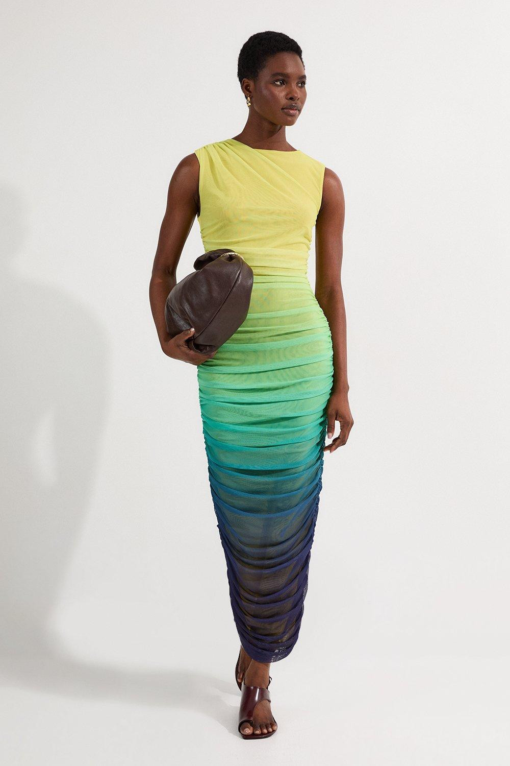 Sunset Ombre Mesh Ruched Jersey Maxi Dress | Karen Millen US