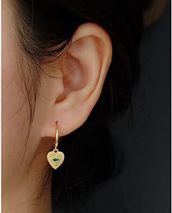 Heart Evil Eye Dangle Small Hoop Earrings for Women Girls 925 Sterling Silver Green CZ Eyes Charm... | Amazon (US)