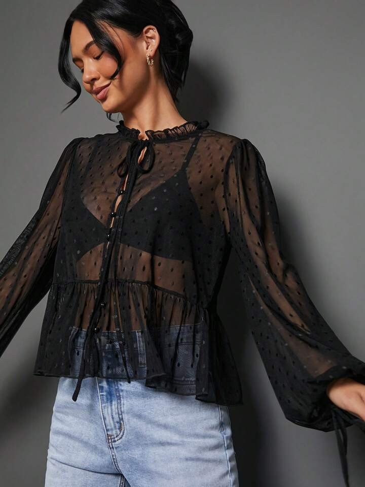 WESTFADE Sheer Dot Mesh Tie Neck Ruffle Peplum Long Sleeve Top | SHEIN