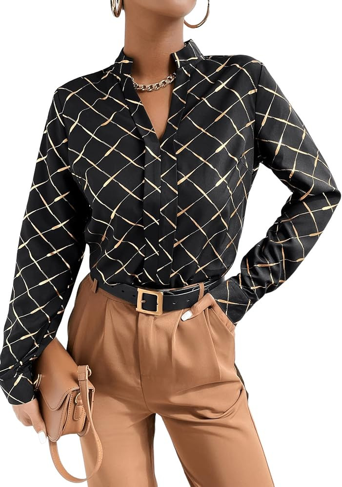 SweatyRocks Women's Elegant Long Sleeve V Neck Shirt Argyle Print Pullover Blouse Top | Amazon (US)