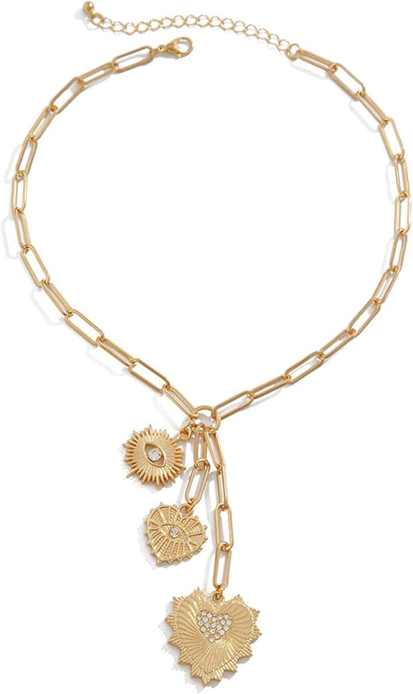 Sun Heart Charms Necklace Chunky Gold Necklace Heart Pendent Necklace for Women 18K Gold Plated C... | Amazon (US)