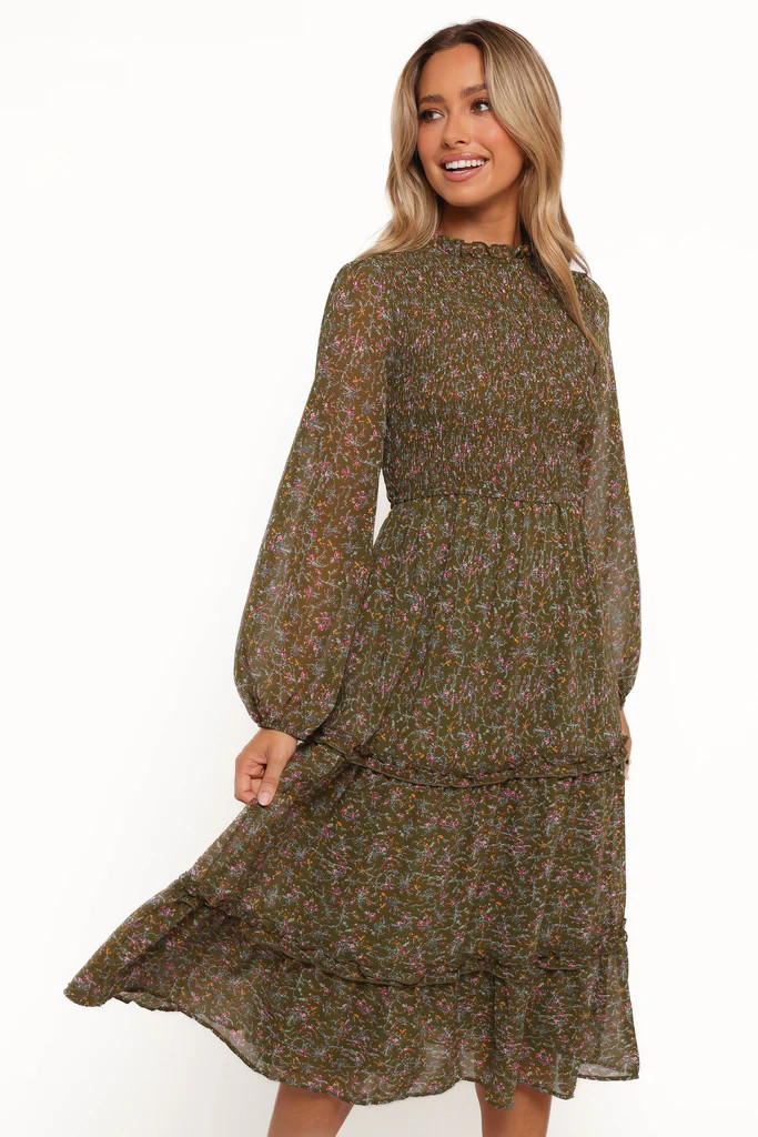 Edwina Shirred Frill Long Sleeve Midi Dress - Olive Floral | Petal & Pup (US)