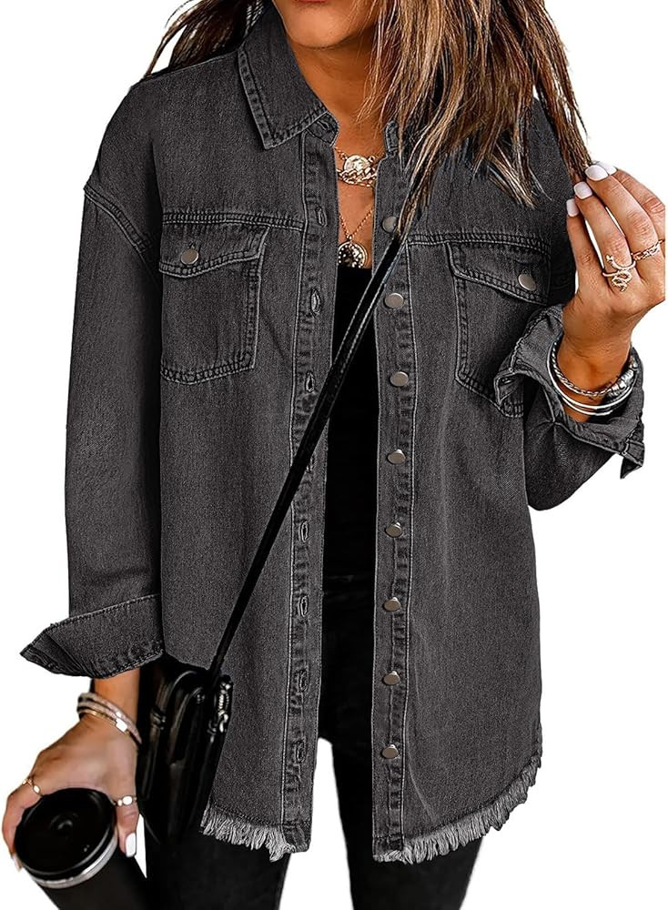 Vetinee Women’s Oversized Button Up Frayed Hem Shacket Long Sleeve Pockets Denim Jean Jacket | Amazon (US)