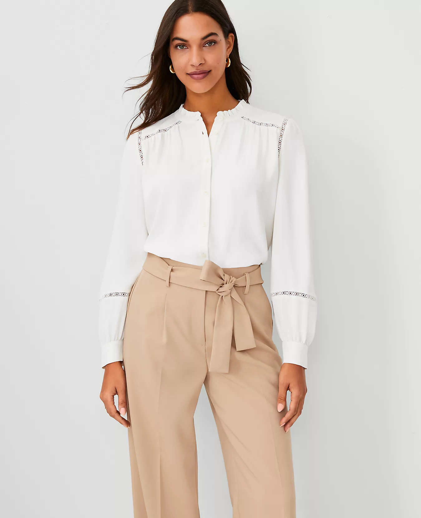 Lace Cutout Mixed Media Ruffle Neck Blouse | Ann Taylor (US)