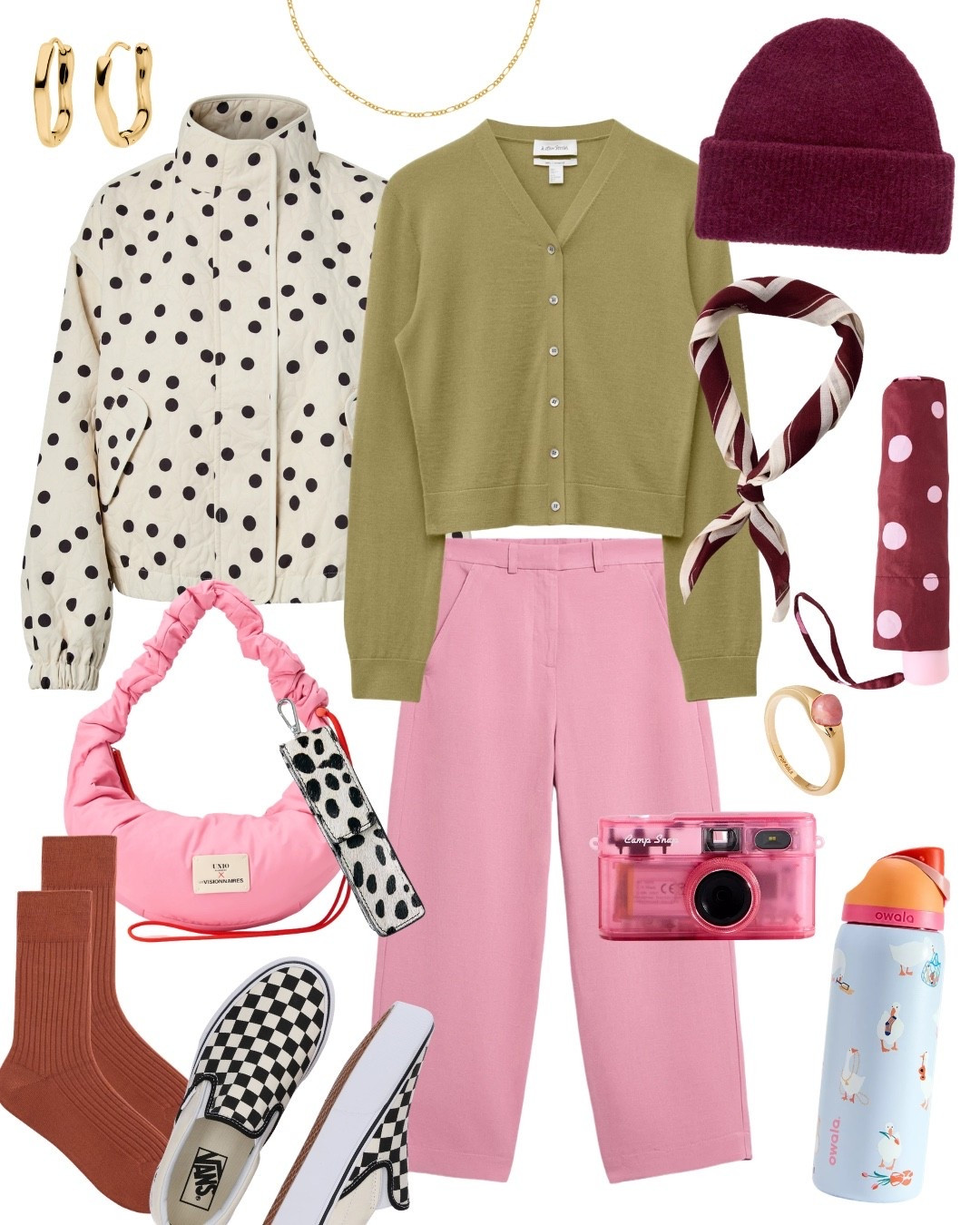 Sommer-Herbst-Transition mit rosa-grün-Kombi und Polka Dot Blouson.
