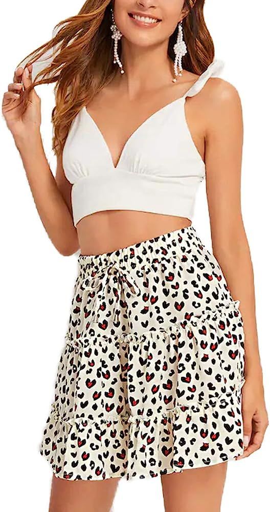 Womens Ruffle Floral Print or Polka Pot Mini Skirts with Bow | Amazon (US)