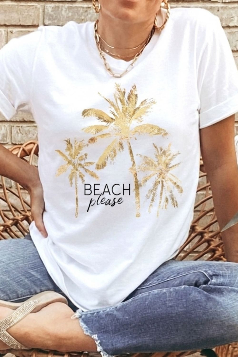 Beach please! If the beach is your happy place, like it is mine, and you like more of a beach chic style (like me), you'll enjoy this look. Mixed with the gold jewelry, it elevates the tshirt that could easily also go with cut offs for a walk on the beach. #beachshirt #beachchic #coastalshirt #beachtshirt #vacationshirt 

 #LTKootd #LTKSeasonal #LTKOver40