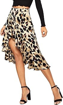 Verdusa Women's Ruffle Trim High Split Printed Skirt | Amazon (US)