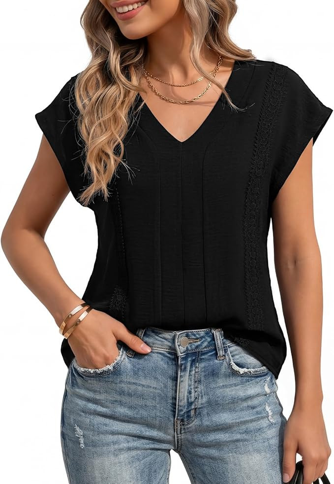 T Shirts for Women Womens V Neck Tops Summer Casual Blouses Dressy Lace Trim Short Sleeve Basic T... | Amazon (US)
