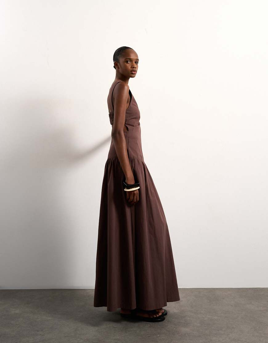 Topshop cut out waist poplin maxi dress in chocolate-Brown | ASOS (Global)