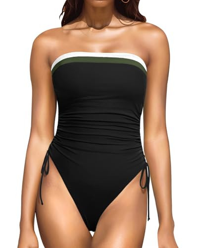 Yonique Women Strapless One Piece Swimsuit Tummy Control Bandeau Bathing Suit Cheeky Swimwear Black Color Block S | Amazon (US)