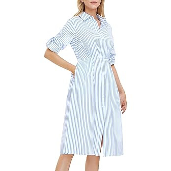 EXLURA Women's 2024 Casual Long Sleeve Button Down Shirt Dress with Pockets Striped Midi Dress El... | Amazon (US)