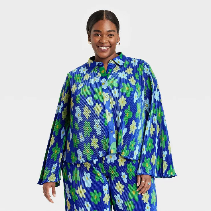 Black History Month Target x Sammy B Women's Cropped Button-Down Shirt - Blue Floral | Target