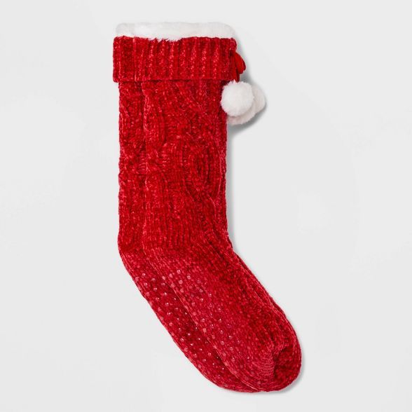 Women's Cable Chenille Sherpa Lined Slipper Socks with Faux Fur Poms & Grippers - Red 4-10 | Target