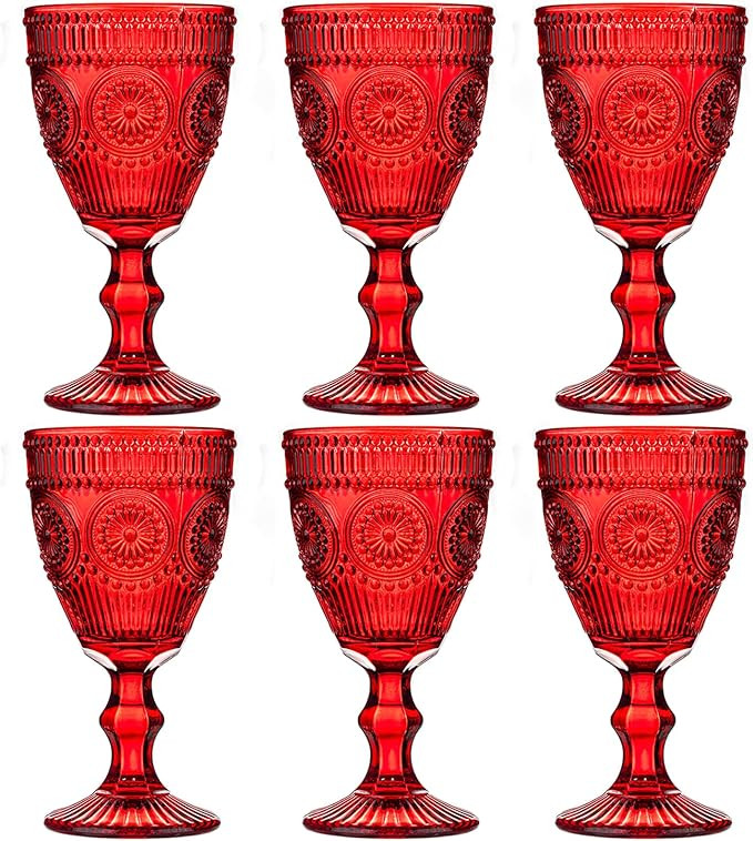 Red Vintage Wine Glasses Set of 6, 10 Ounces Colored Glass Water Goblets, Unique Floral Embossed ... | Amazon (US)