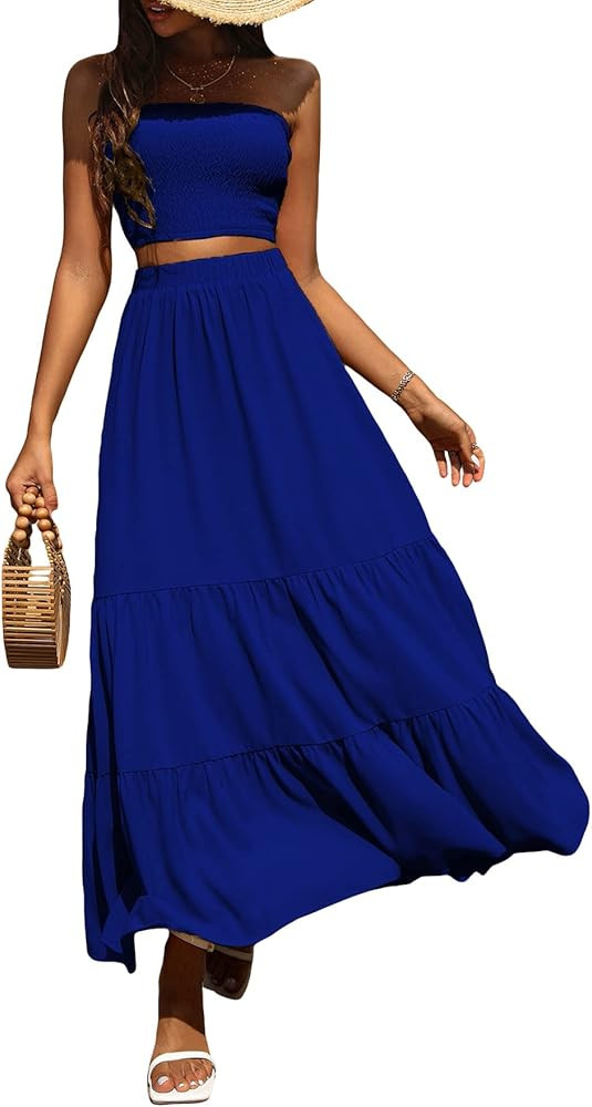 Verdusa Women's 2 Piece Outfit Crop Tube Top and Ruffle Hem Flowy Maxi Skirt Sets | Amazon (US)