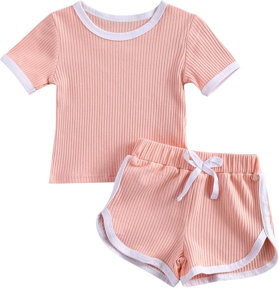 Toddler Baby Boy Girl Summer Clothes Ribbed Short Sleeve T-Shirts Tees Tops+Drawstring Shorts Pan... | Amazon (US)