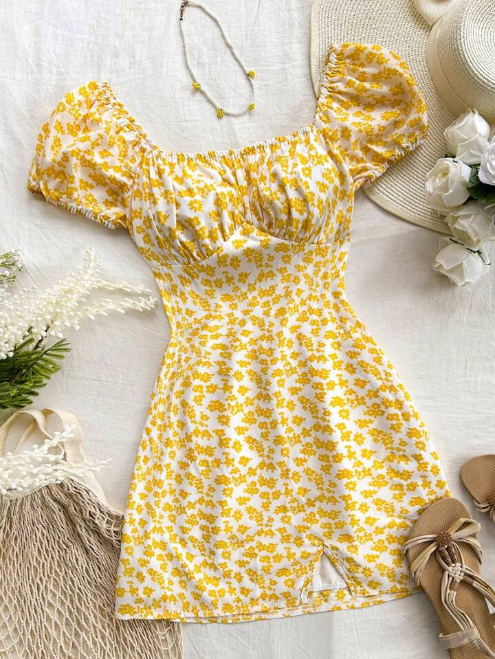 SHEIN WYWH Yellow Ditsy Floral Romantic Casual Vacation Puff Sleeve Pleated Waist A-Line Summer S... | SHEIN
