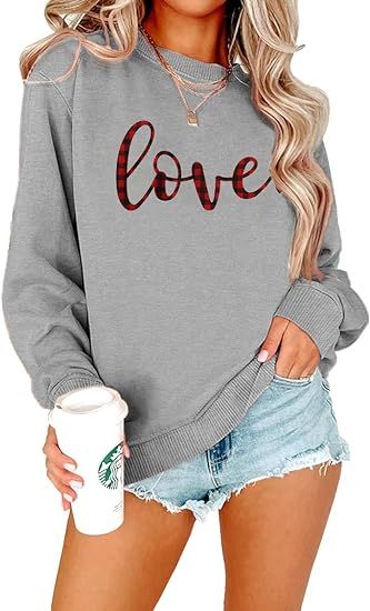 Women Valentines Day Sweatshirt Love Heart Print Graphic Shirts Long Sleeve Casual Oversize Pullo... | Amazon (US)