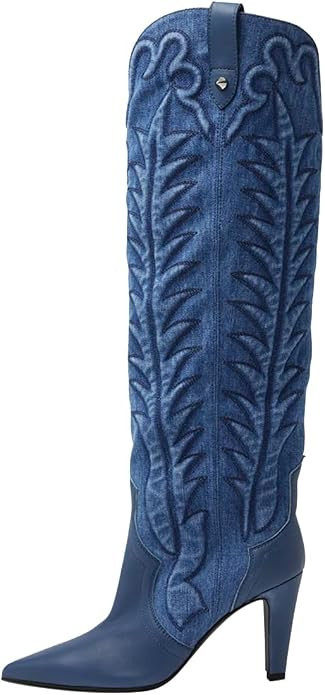 FSJ Women Pointed Toe Cowboy Boots Embroidered Chunky High Heel Knee High Boots Western Pull On F... | Amazon (US)
