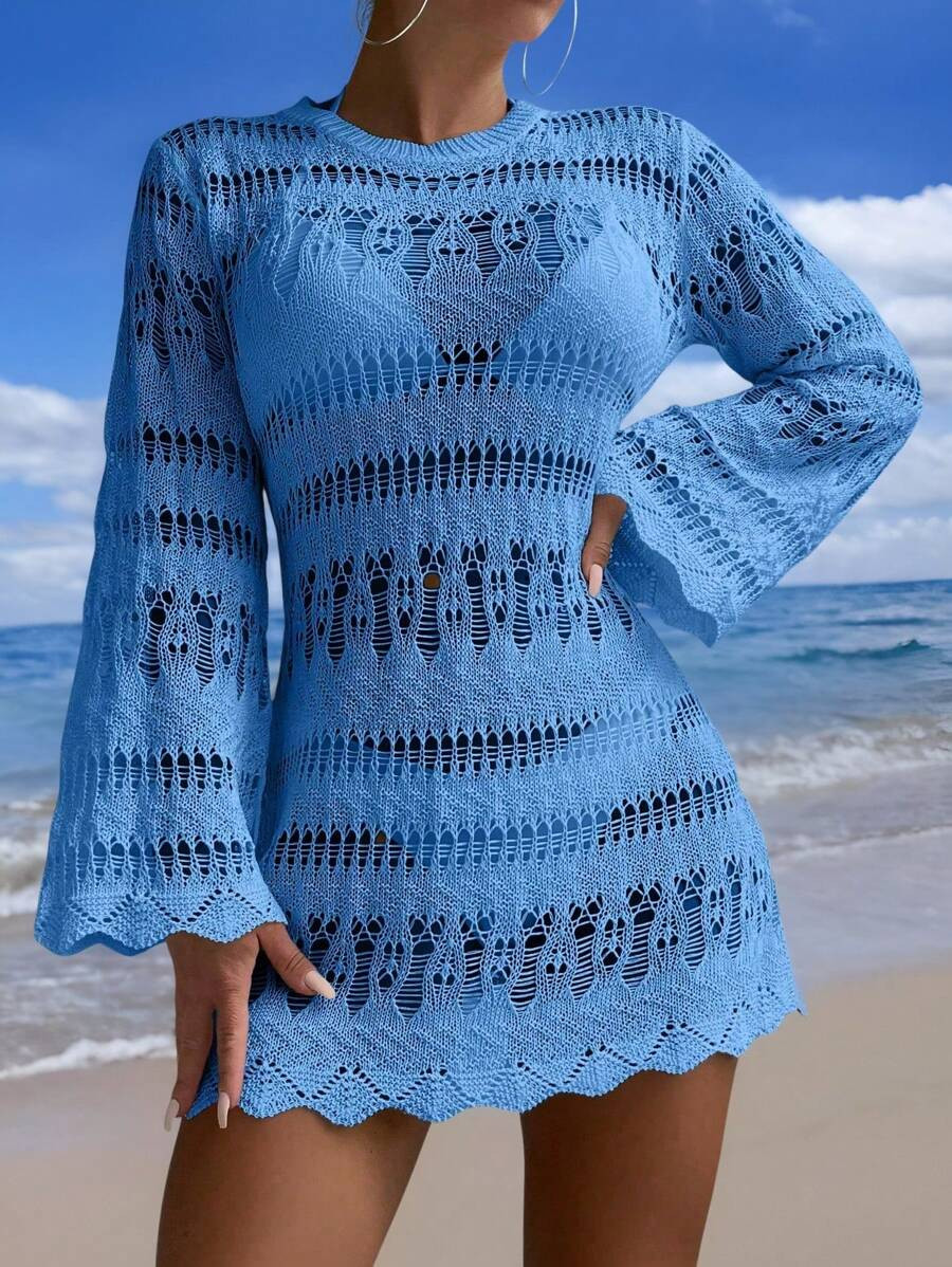 Swim Vcay Summer Beach Hollow Out Scallop Trim Cover Up Dress Without Bikini Set | SHEIN
