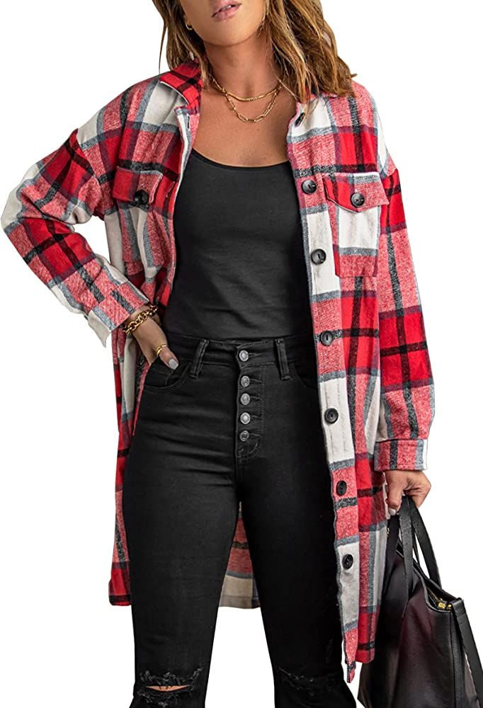 KIRUNDO Women's Flannel Plaid Shirts Jacket Shacket Coats Casual Boyfriend Button Down Shirts Long S | Amazon (US)