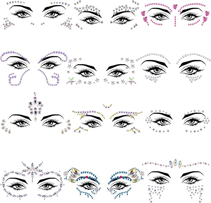 SIQUK 12 Sets Face Jewels Rhinestone Face Gems Stick on Crystal Face Jewel Stickers Mermaid Face ... | Amazon (US)