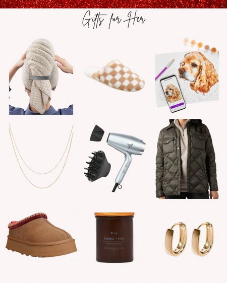Holiday Gifts for Her. Christmas, slippers, gold oval hoop earrings, lightweight quilted shirt jacket, pet paint by number, gold twisted chain necklace, con air hair dryer, microfiber hair wrap towel, candles 

#LTKHoliday #LTKfindsunder50 #LTKGiftGuide