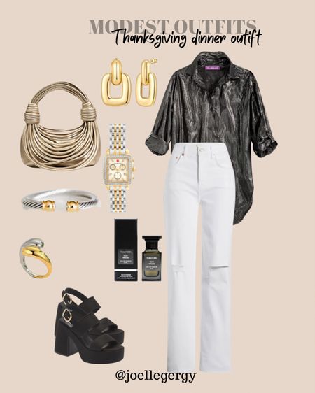Modest outfit. Thanksgiving dinner outfit. White pants. Metallic top . Silver and gold accessories. Black sandals. 

#LTKHoliday #LTKCyberWeek #LTKstyletip