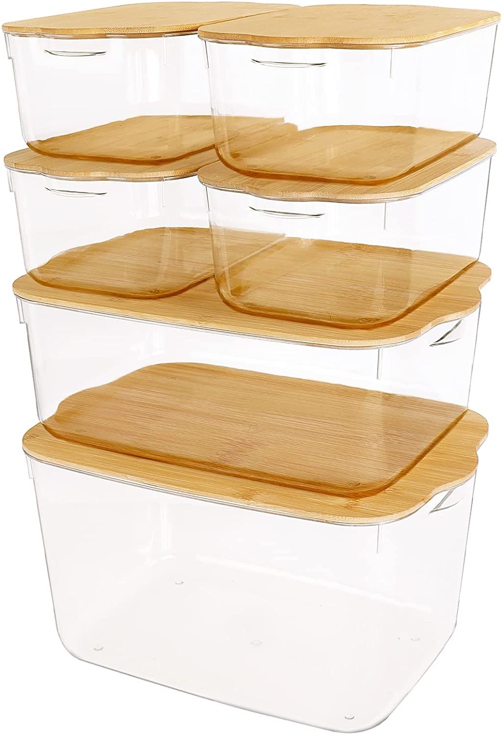 ANMINY 6PCS Clear Plastic Storage Bins Lidded Stackable Basket Box Set with Bamboo Removable Lid ... | Amazon (US)
