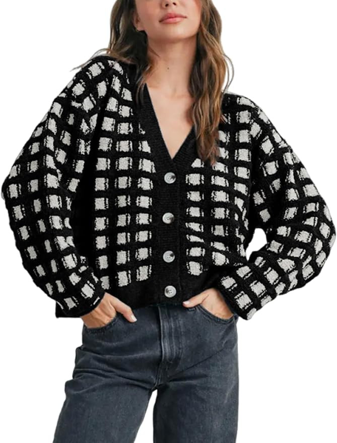 Ailoqing Womens Checkered Cardigans Sweaters V Neck Button Down Long Sleeve Cable Knit Outerwear ... | Amazon (US)