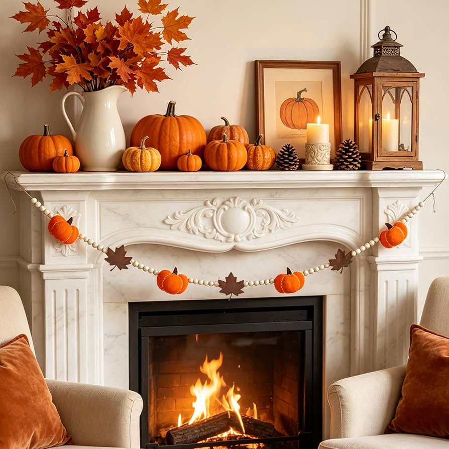 6.8 FT Fall Pumpkin Garland with Maple Leaves and Wood Beads, Autumn Decor | Amazon (US)