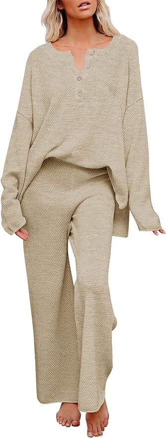 MEROKEETY Women's 2 Piece Outfit Sets Long Sleeve Button Knit Pullover Sweater and Pants Lounge S... | Amazon (US)