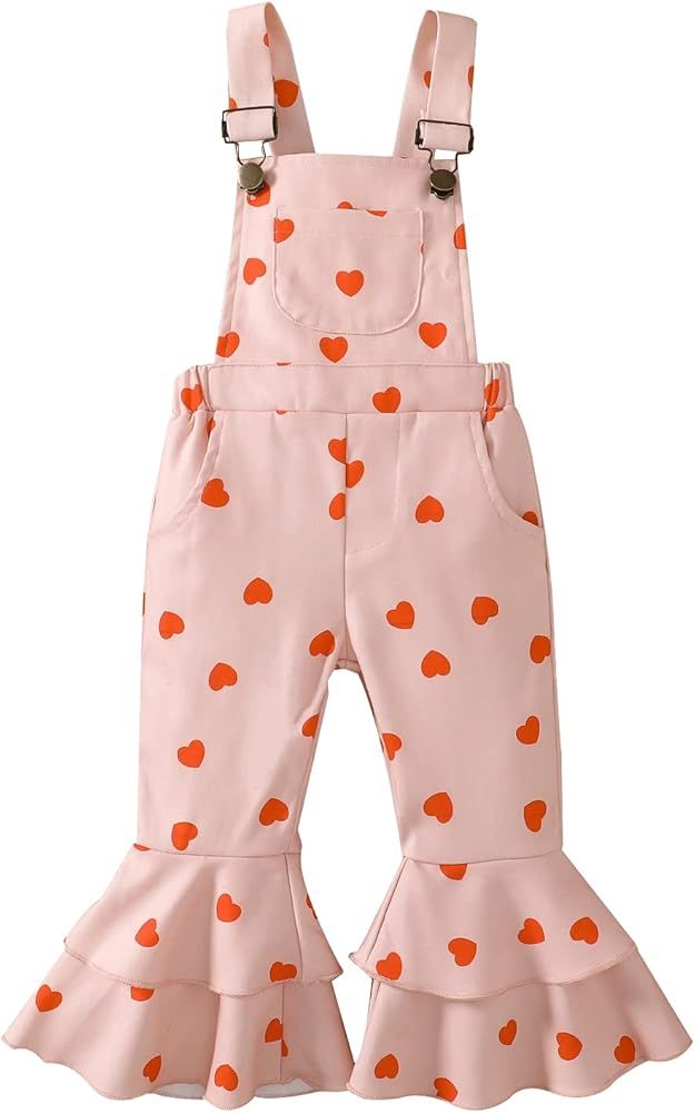 Toddler Baby Girl Valentine's Day Clothes Ruffled Sleeves Top Heart Bell Bottoms Flared Overalls ... | Amazon (US)