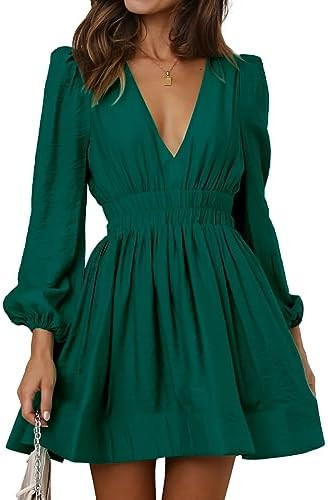 FAIABLE Mini Deep V Sexy Long Sleeve Dress for Women A-line High Waisted Casual Flowy Dress for C... | Amazon (US)