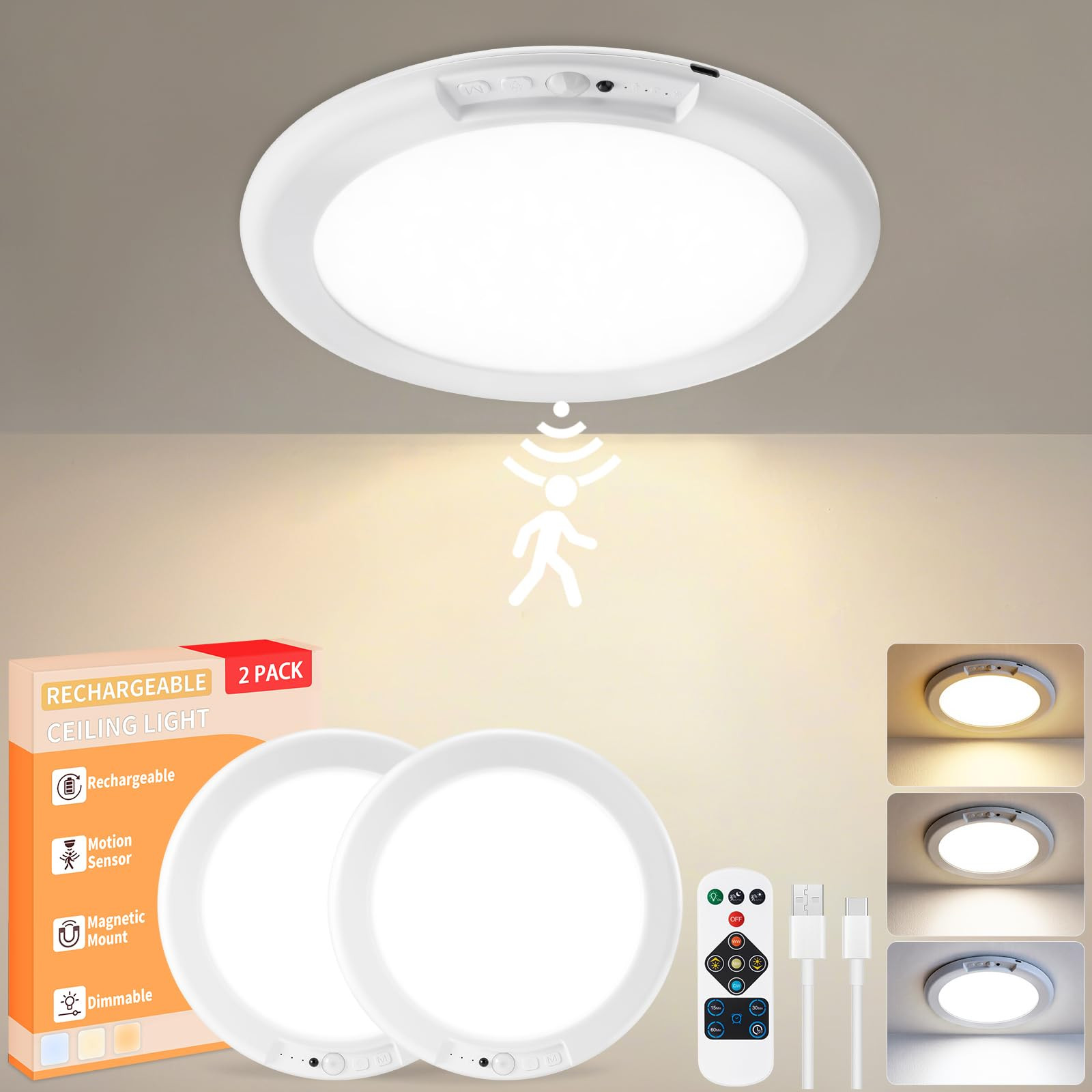 KYEKIO Rechargeable Ceiling Light 2Pack, 3 Color Magnetic Motion Sensor Lights with Remote, Wirel... | Amazon (US)