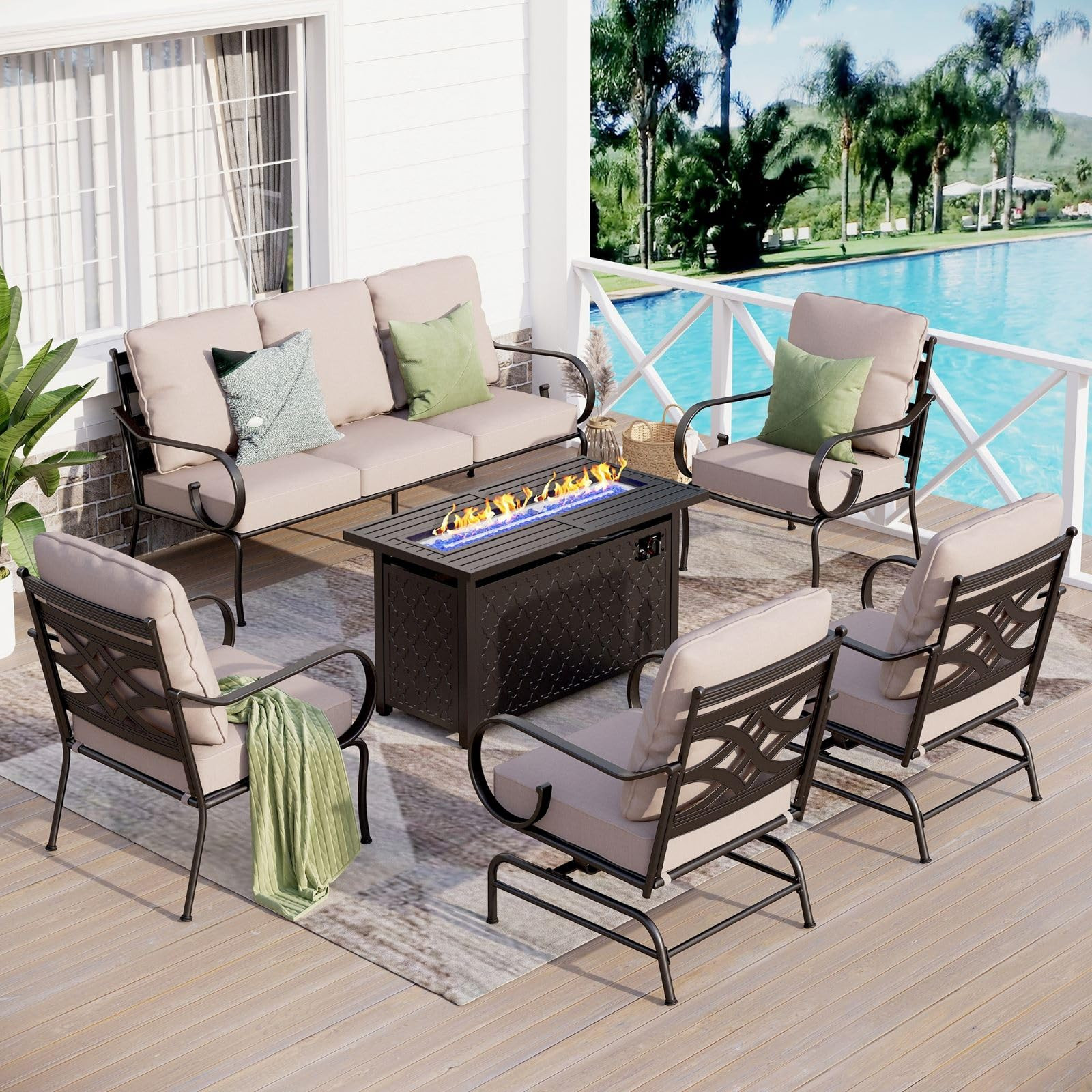 Sophia & William 6 Piece Patio Furniture Set with Fire Pit, Outdoor Conversation Sets 7 Seat Clearance with 45" Gas Fire Pit Table x 1, 3-seat Sofa x 1, Rocking Chair x 2,Cushioned Chair x 2, Beige | Amazon (US)