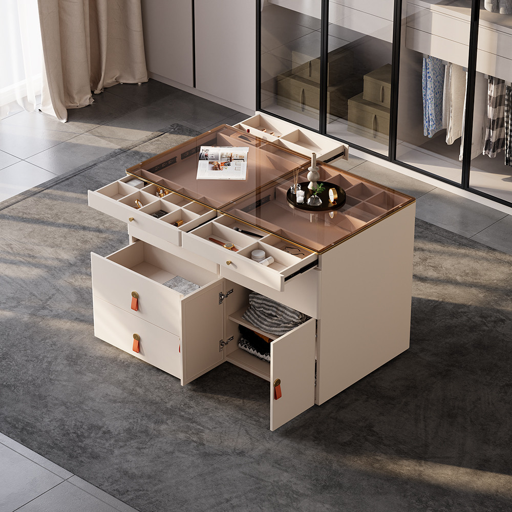 47""W Champagne Walk in Closet Island 12 Drawers Dresser & Chest with Jewelry Storage | Homary