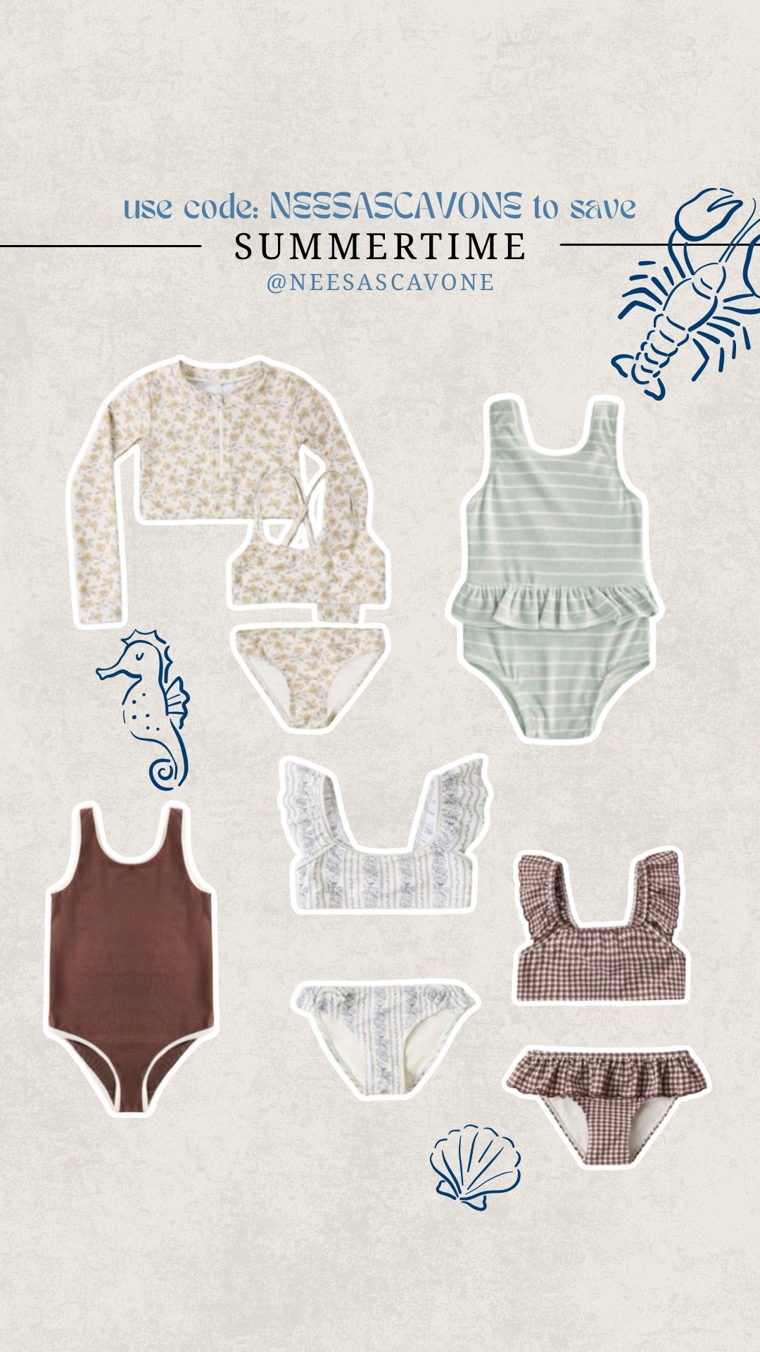 Summertime swim picks for the littles 🌊
I rounded up the cutest neutral + vintage-inspired swimsuits for girls that are perfect for beach days, pool days, and spring break. These are the pieces I always look for: soft fabrics, timeless prints, and styles that photograph beautifully but are still comfy enough for all-day play.

From long sleeve floral sets to classic gingham and ribbed one-pieces, these are my favorite girls swimsuits for summer that will last all season. Use code NEESASCAVONE to save

#littlegirlstyle #girlswimwear #kidsfashionfinds #ltkfamily #ltkstyle #ltkunder50 #momstylefinds #springbreakstyle #summerstyleforkids #beachdayessentials #pooldayswithkids #neutralkidsstyle #classicchildhood #timelesskidsfashion #momlifeunfiltered #momofgirls #floridamomlife #kidsoutfitinspo #targetkidsstyle #hmbaby #zarakidsstyle #shopwithme #dailyfinds #amazonkidsfinds #vacationstyleforkids

#LTKSwim #LTKKids #LTKSpringSale