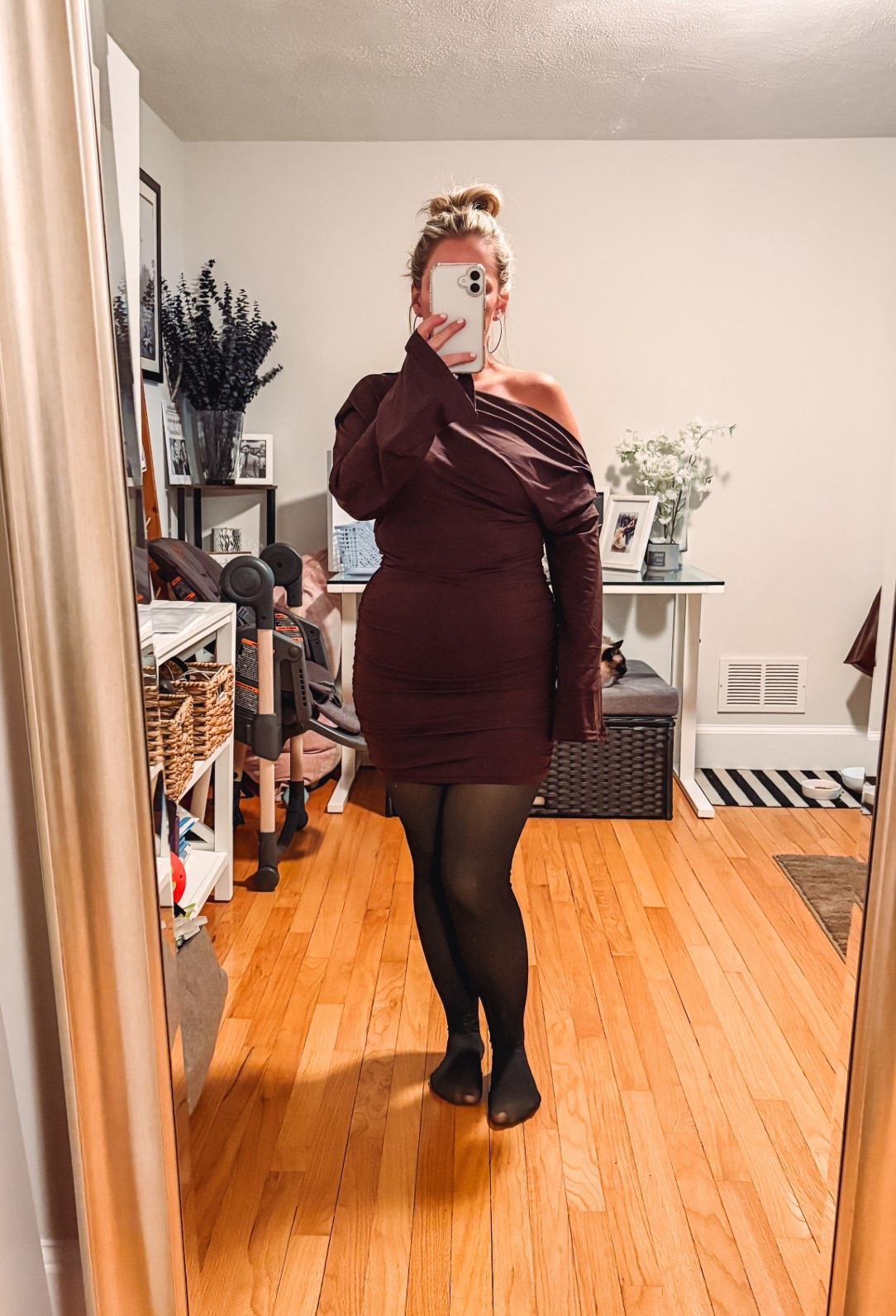 Brown short one shoulder drapery cocktail dress 
Fleece lined leggings 

#LTKWedding #LTKValentine #LTKmorningroutine