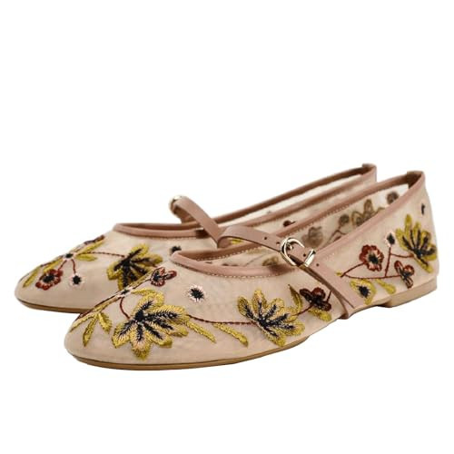 Ballet Flats with Strap for Women Floral Ballet Flats Mesh Shoes Women Flat Slip On Ballerina Shoes Round Toe Comfortable Daily Dress Shoe Nude | Amazon (US)