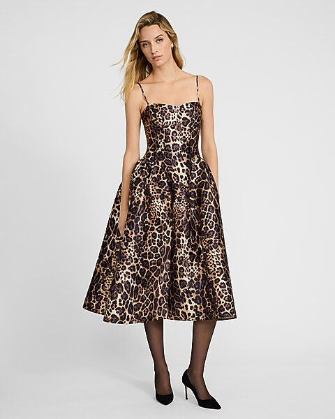 Satin Leopard Sweetheart Sleeveless Drop Waist Midi Dress With Pockets | Express