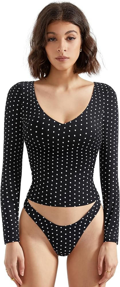 SUUKSESS Women Double Lined Casual V Neck Crop Tank Tops Basic Long Sleeve Shirts | Amazon (US)