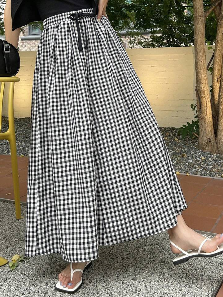 DAZY Gingham Print Drawstring Waist Wide Leg Pants | SHEIN USA | SHEIN
