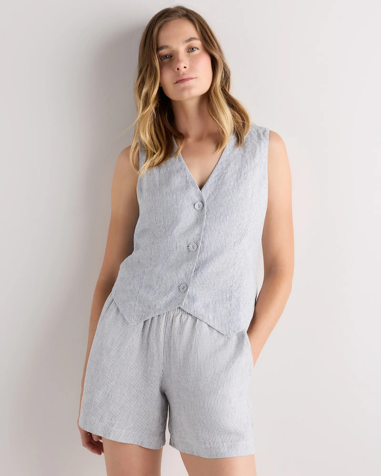 100% European Linen Vest in Blue Pinstripe | Quince