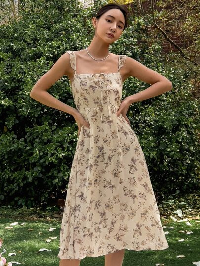 DAZY Allover Floral Print Tie Front Shirred Ruffle Trim Dress | SHEIN