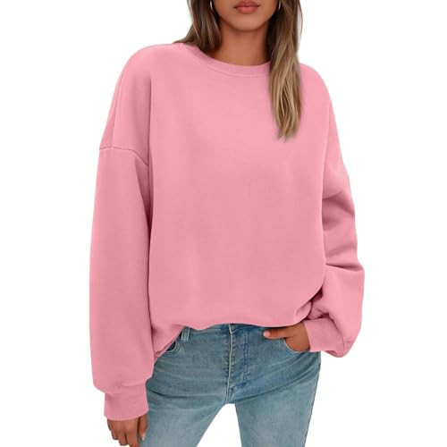 Womens Crewneck Sweatshirt Lightweight Oversized Sweatshirt Preppy Fleece Casual Plain Cute Fall Hoodies Y2K Cozy Fashion Cotton College Outfits Crewneck Sweatshirts Women Womens Sweatshirt, Pink, M | Amazon (US)