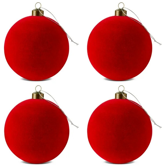 Red Flocked Ball Christmas Ornaments, 4.5", 4 Count, by Holiday Time - Walmart.com | Walmart (US)